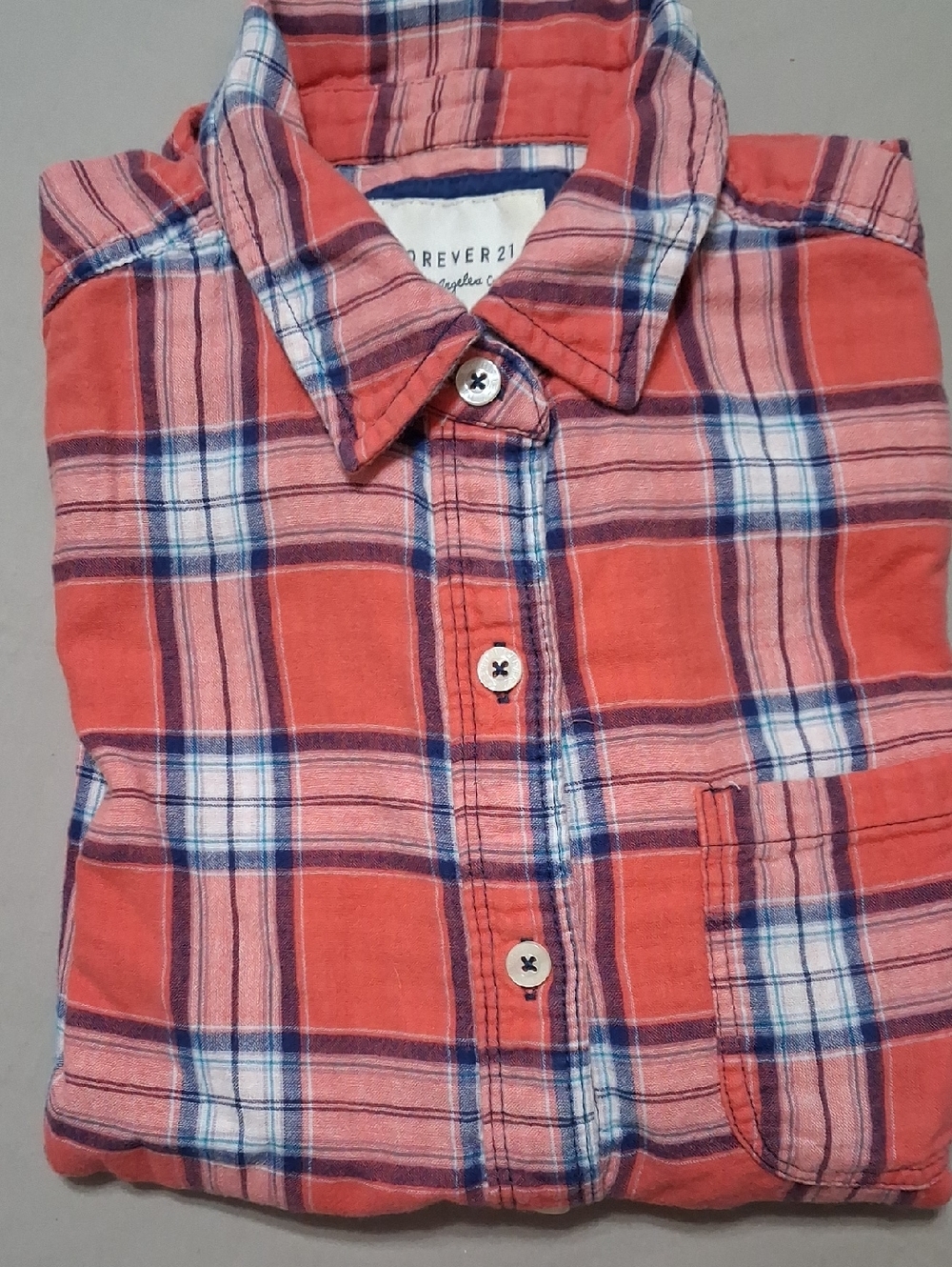 Forever 21 Coral Plaid Button-Up with Navy & White Long Sleeve
